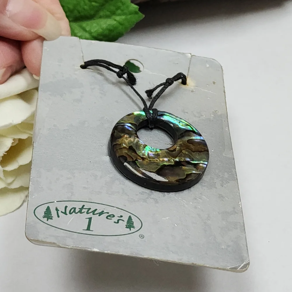 Iridescent Abalone Shell Like Wood Pendant Cord Necklace